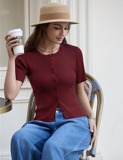 Womens Casual Summer Short Sleeve Sweater Cardigan Button Down Crew Neck Knitted Crop Cardigan Tops